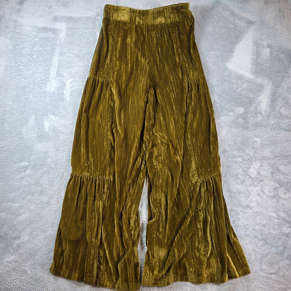 Natural Life Crushed Velvet Tiered Wide Leg Pants Chartreuse Gold Small Womens - Picture 3 of 10
